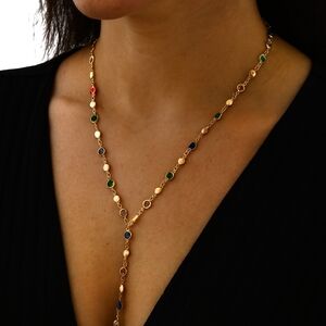 New Gold Y-Shaped Multi-Color Gemstone Station Long Layering Necklace Fashion